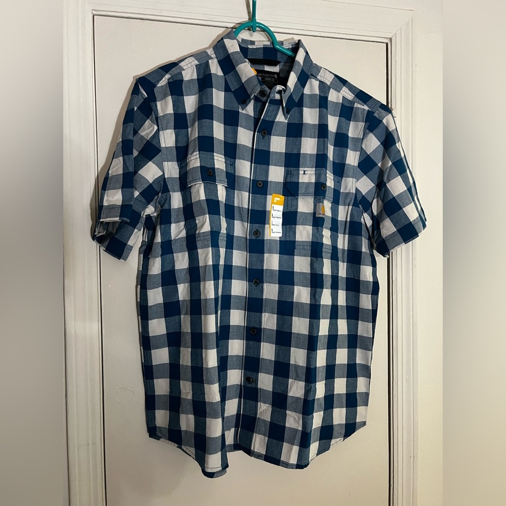 Blue and white Carhartt plaid short sleeve button-up shirt 
Size Large
Brand New